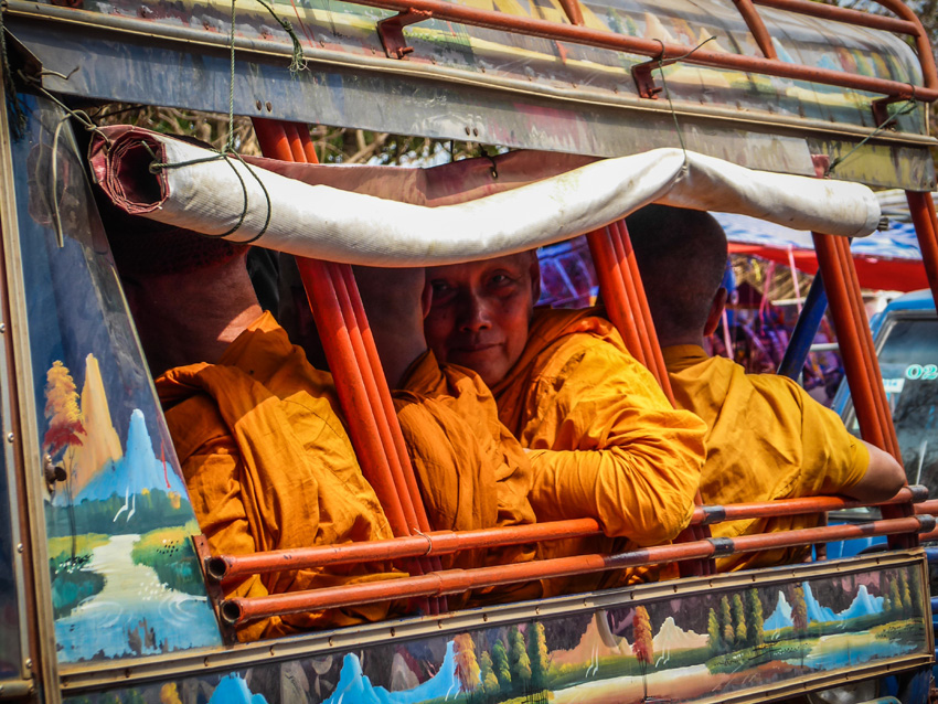 Monks in a tuktuk Pakse - Laos